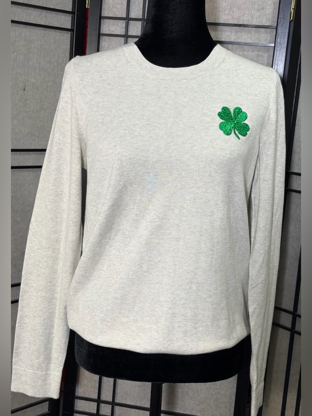J CREW WOMENS TEDDIE Crewneck SWEATER SZ M REIMAGINED PLANET Shamrock Neutral